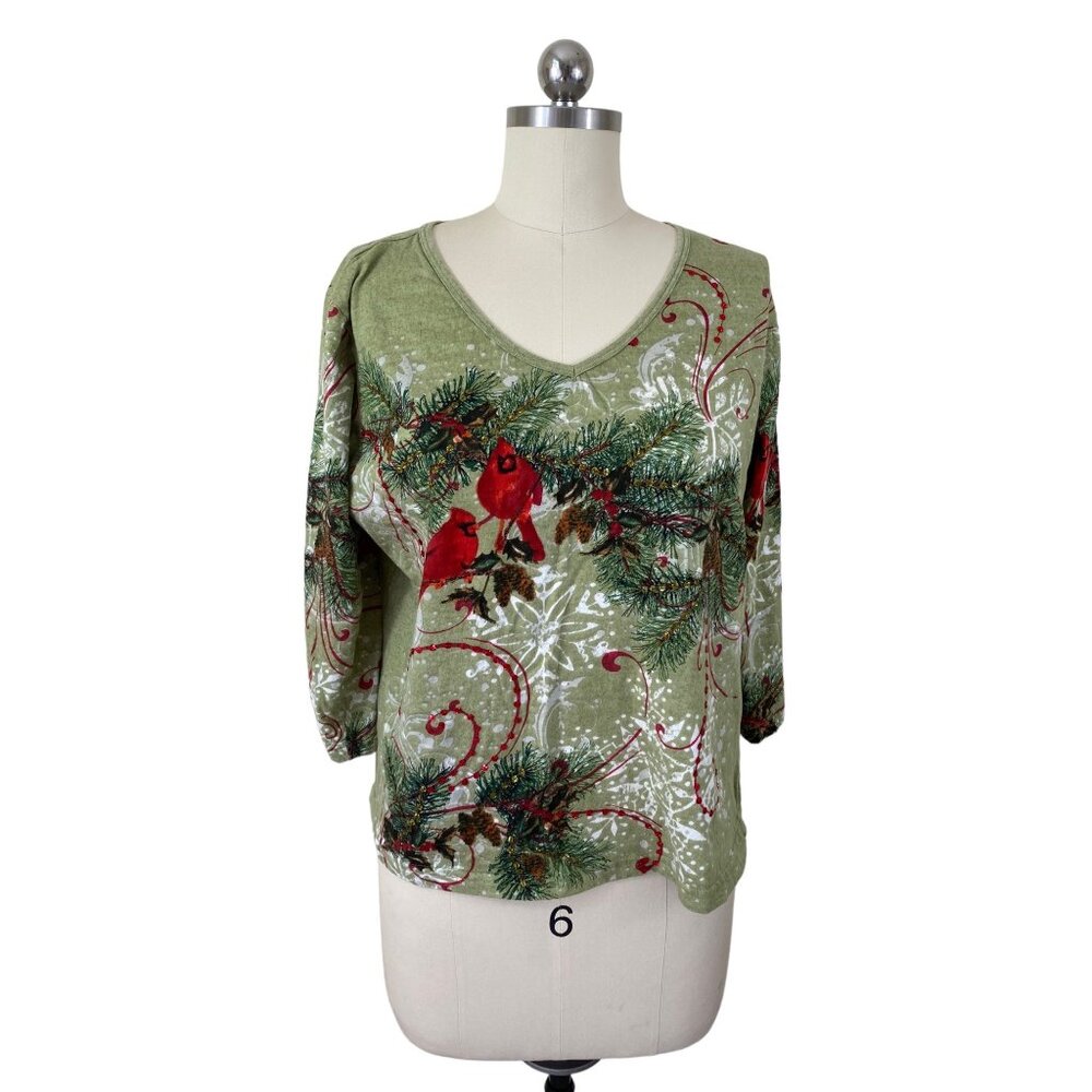 Y2K Collections Etc Top Womens Medium Green Cardinals Christmas V-Neck Cottage